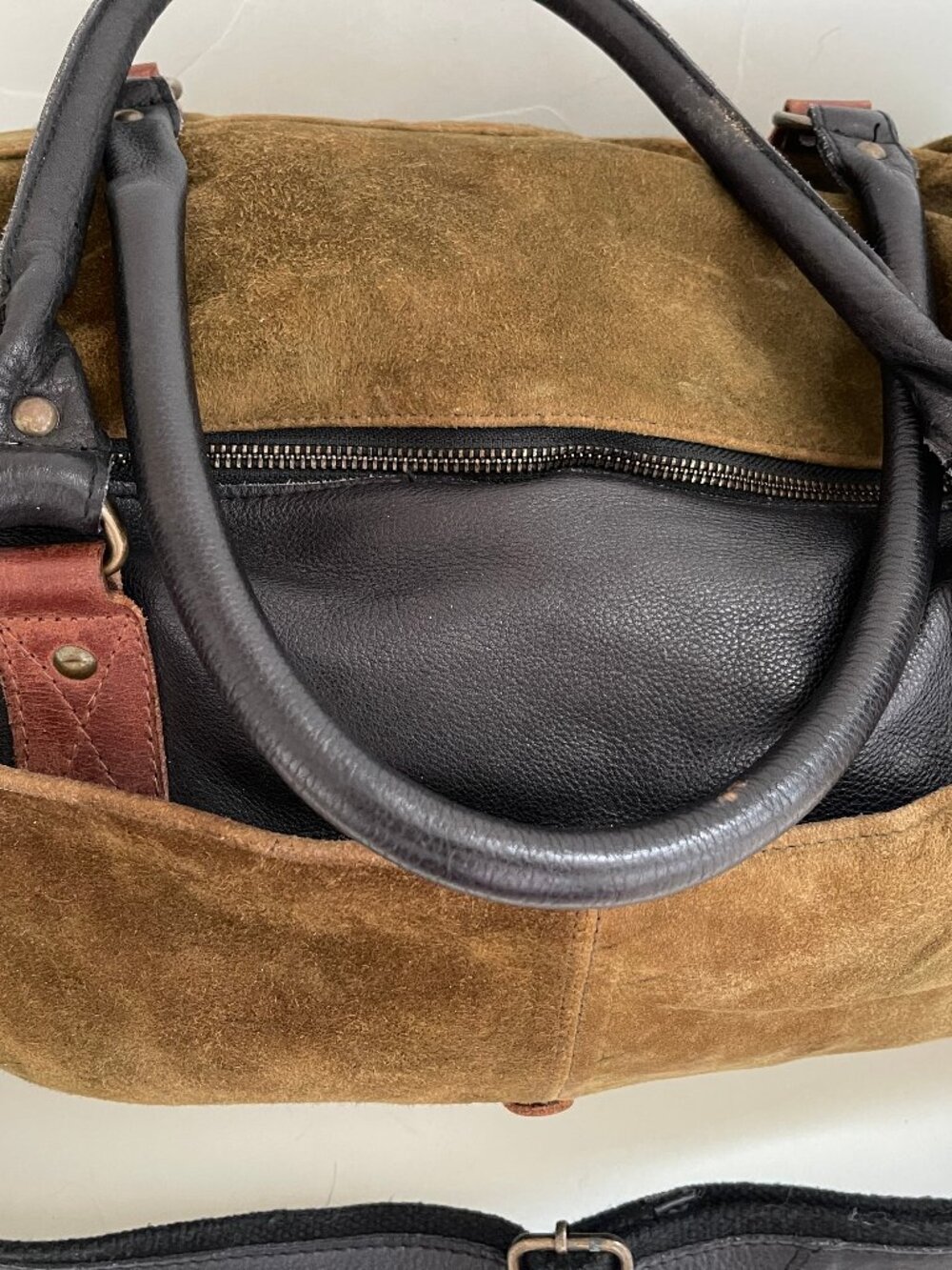 FREE PEOPLE Olive Green Suede with Brown & Black Leather Tote/Travel Bag - Picture 8 of 11
